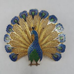 Topazio 925 Portugal Vtg Blue & Green Enamel w/ Filigree Peacock Brooch